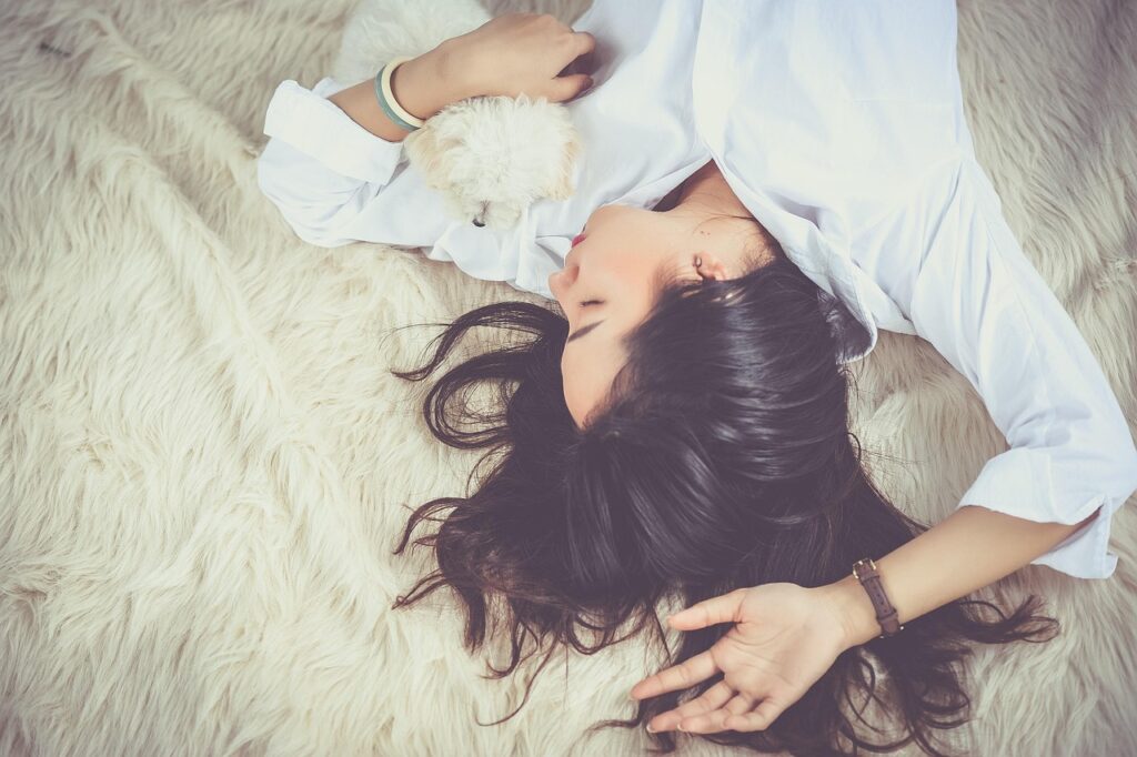 girl, sleep, lying down, dog, pet, owner, asian, asian woman, young woman, upside down, asleep, sleeping, sleeping woman, female, woman, dreaming, portrait, resting, relax, animal, dream
